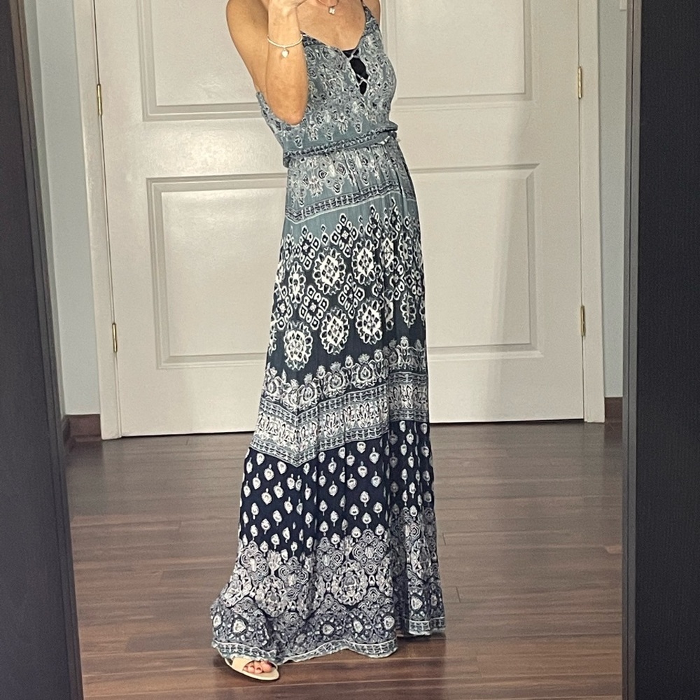 Aqua Blue Paisley Print Smocked Strap Maxi Dress size S - Picture 3 of 13